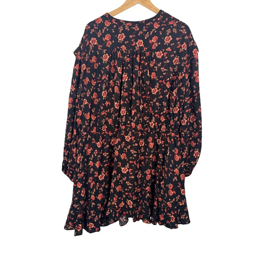 Free People Flower Fields Mini Dress Black Floral ruffles oversized boho sz L